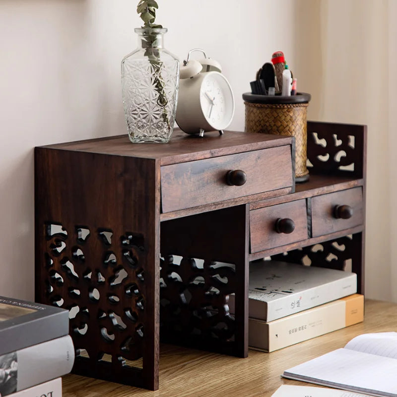Vintage Teak Desktop Bookshelf with Drawer Handmade Hollow Carving Stable Load Bearing Storage Rack for Century-Old Furniture