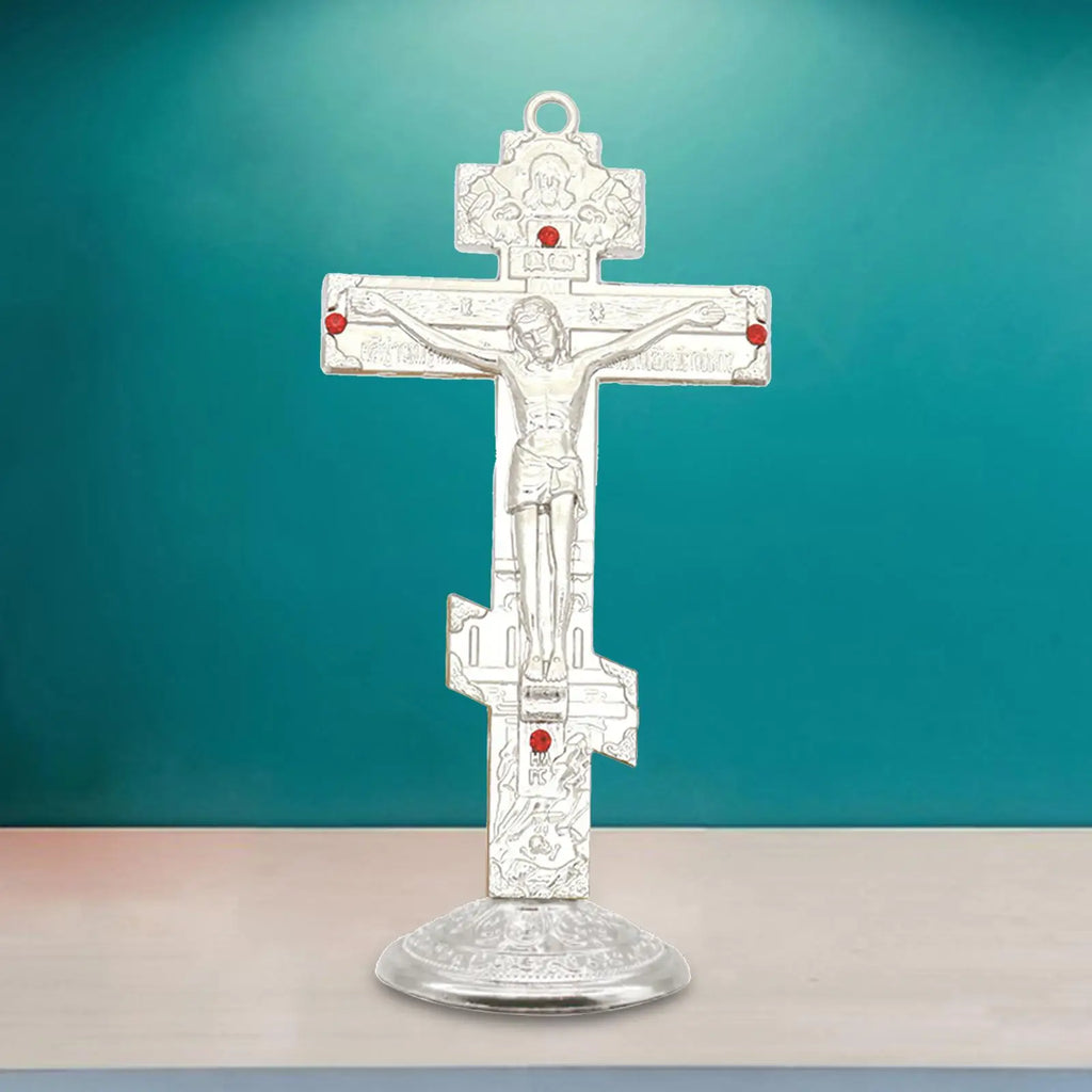 Jesus Cross for Desk Metal with Base Tabletop Ornaments Christian Home Goods Prayer Utensils Table Top Crucifix Cross Catholic