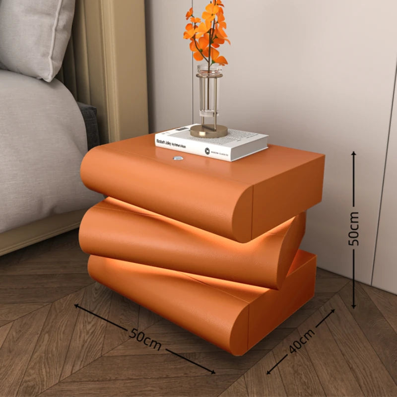 360 ° Rotating Bedside Table Smart Leather Bedside Cabinet with Light Modern Room Storage Cabinet Hierarchical Storage Furniture