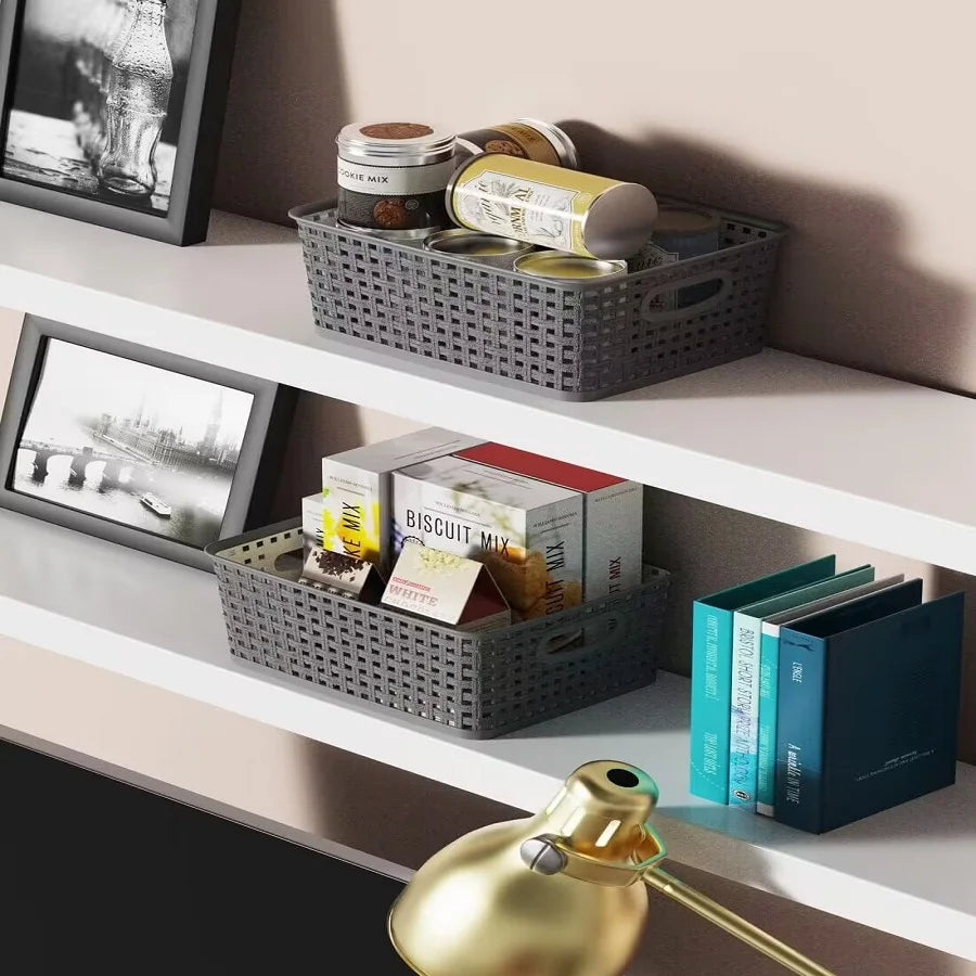 4 Pack Plastic Storage Box Hollowed Out Side Woven Simple Storage Organizer Basket, Home Goods Kitchen Sundry Boxes