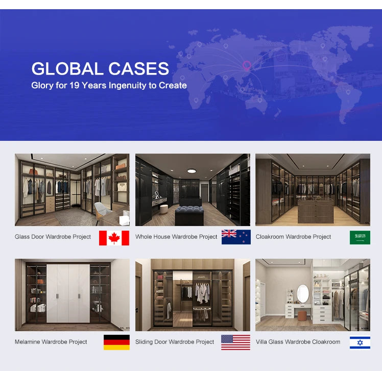 Modern Walk in Closet Designs Glass Door Bedroom Furniture with LED Storage Drawers Glass Wardrobes