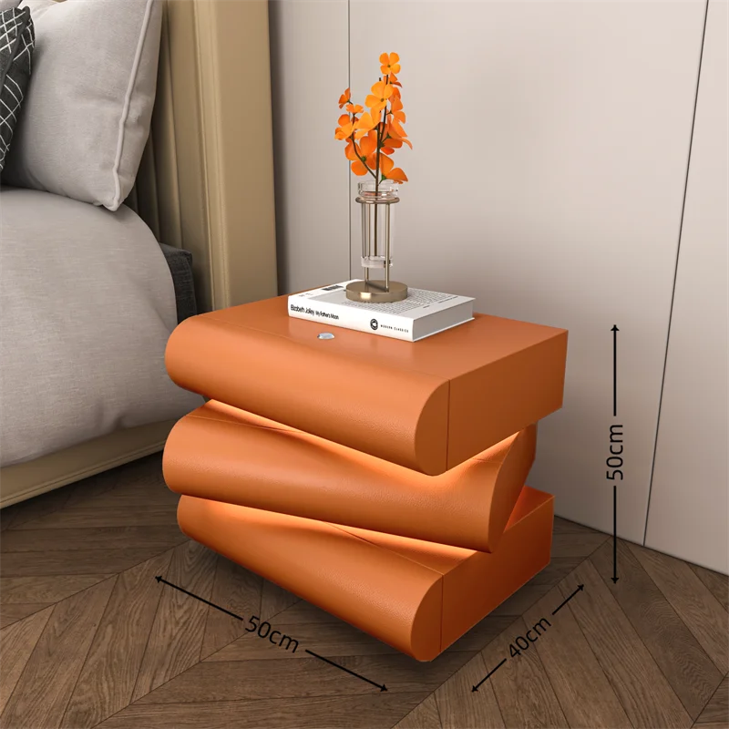 360 ° Rotating Bedside Table Smart Leather Bedside Cabinet with Light Modern Room Storage Cabinet Hierarchical Storage Furniture