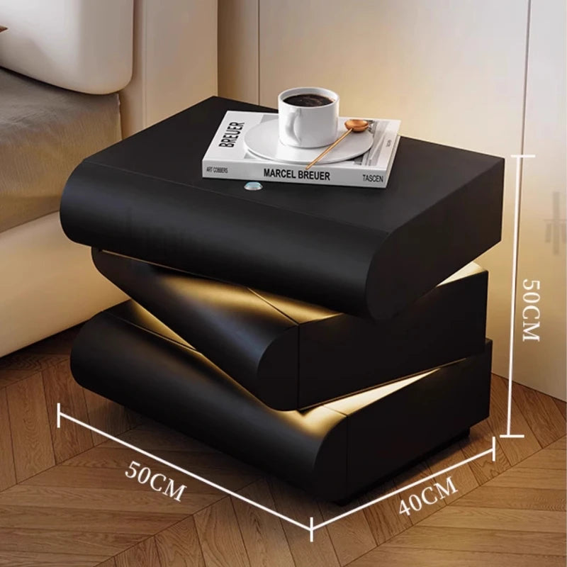 360 ° Rotating Bedside Table Smart Leather Bedside Cabinet with Light Modern Room Storage Cabinet Hierarchical Storage Furniture