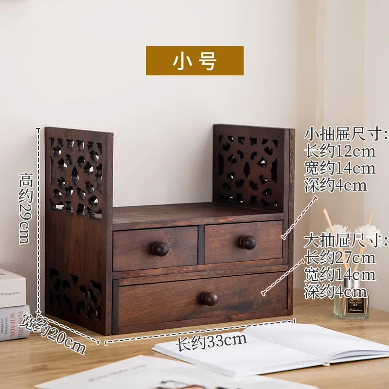 Vintage Teak Desktop Bookshelf with Drawer Handmade Hollow Carving Stable Load Bearing Storage Rack for Century-Old Furniture