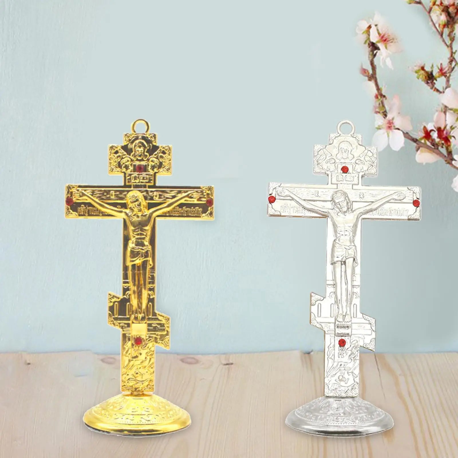 Jesus Cross for Desk Metal with Base Tabletop Ornaments Christian Home Goods Prayer Utensils Table Top Crucifix Cross Catholic