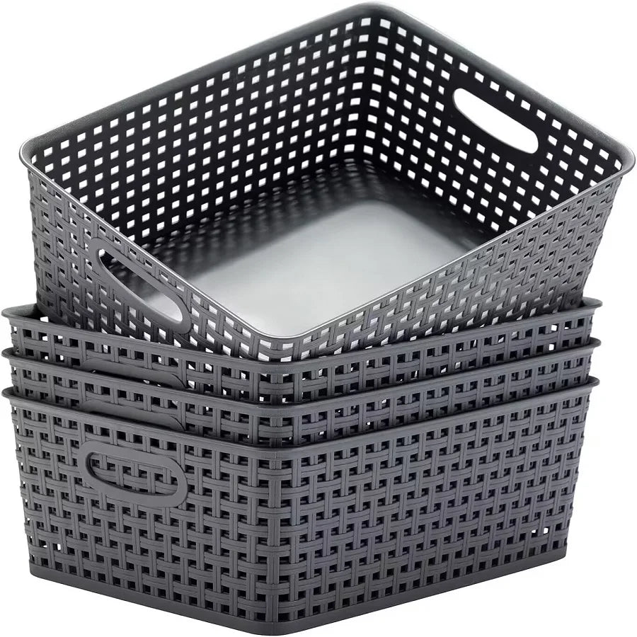 4 Pack Plastic Storage Box Hollowed Out Side Woven Simple Storage Organizer Basket, Home Goods Kitchen Sundry Boxes
