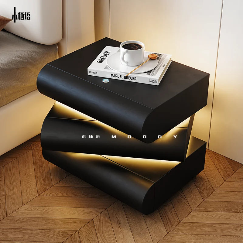 360 ° Rotating Bedside Table Smart Leather Bedside Cabinet with Light Modern Room Storage Cabinet Hierarchical Storage Furniture