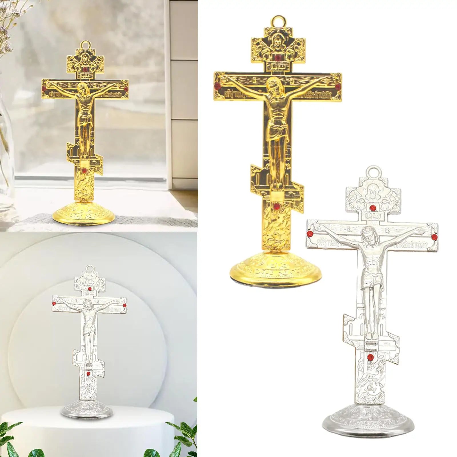 Jesus Cross for Desk Metal with Base Tabletop Ornaments Christian Home Goods Prayer Utensils Table Top Crucifix Cross Catholic