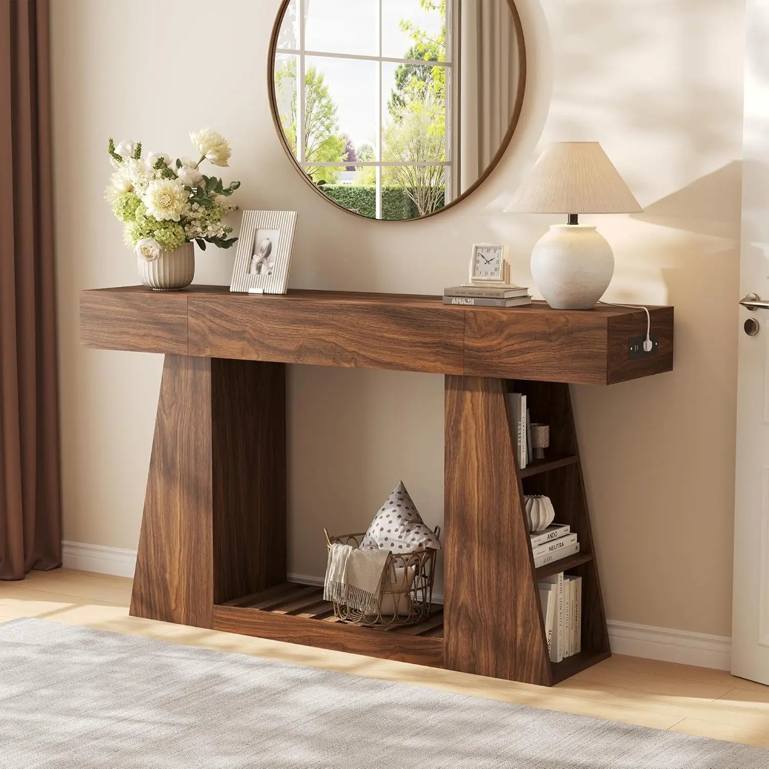 Console Table with Drawer & Shelf, Mid-Century Modern Entryway Table, Narrow Hallway Table with Storage Drawers,, Customized
