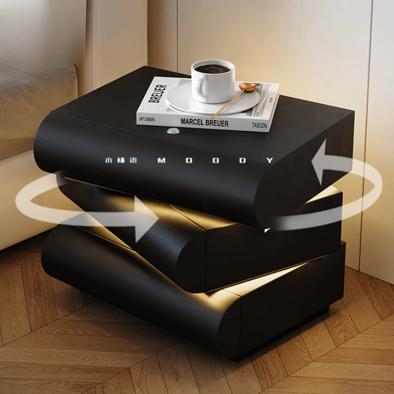 360 ° Rotating Bedside Table Smart Leather Bedside Cabinet with Light Modern Room Storage Cabinet Hierarchical Storage Furniture