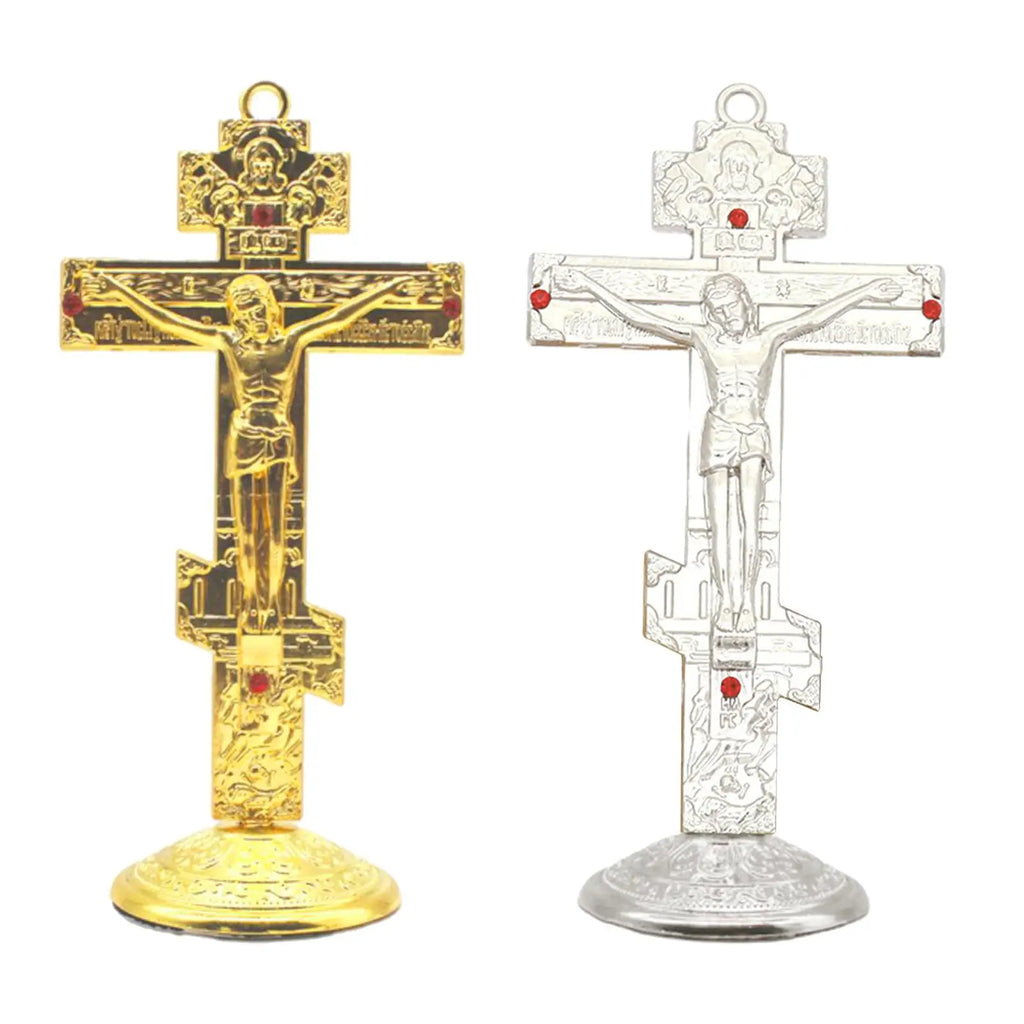 Jesus Cross for Desk Metal with Base Tabletop Ornaments Christian Home Goods Prayer Utensils Table Top Crucifix Cross Catholic