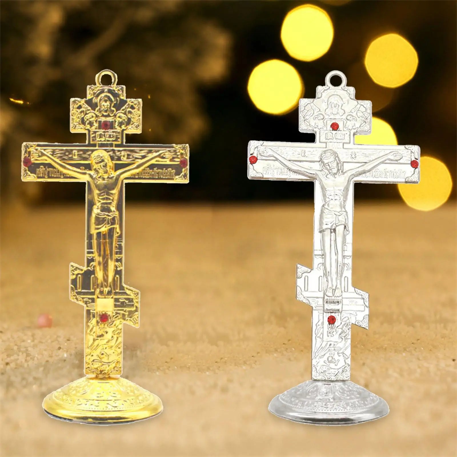 Jesus Cross for Desk Metal with Base Tabletop Ornaments Christian Home Goods Prayer Utensils Table Top Crucifix Cross Catholic