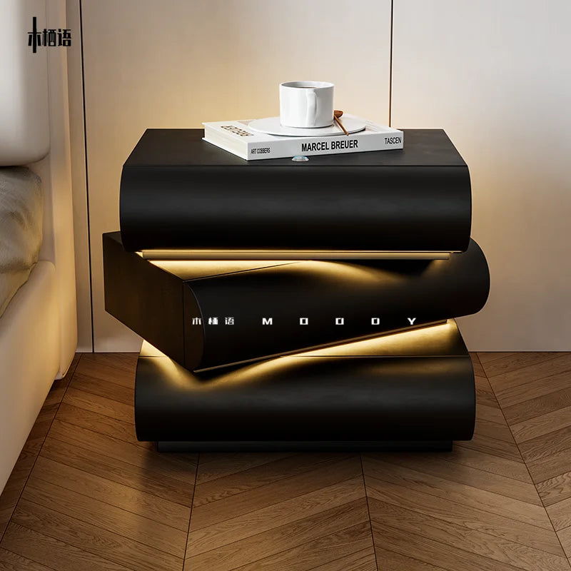 360 ° Rotating Bedside Table Smart Leather Bedside Cabinet with Light Modern Room Storage Cabinet Hierarchical Storage Furniture