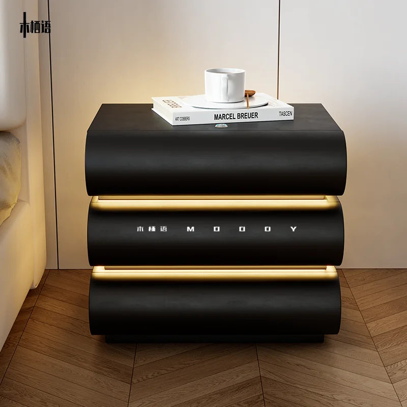 360 ° Rotating Bedside Table Smart Leather Bedside Cabinet with Light Modern Room Storage Cabinet Hierarchical Storage Furniture