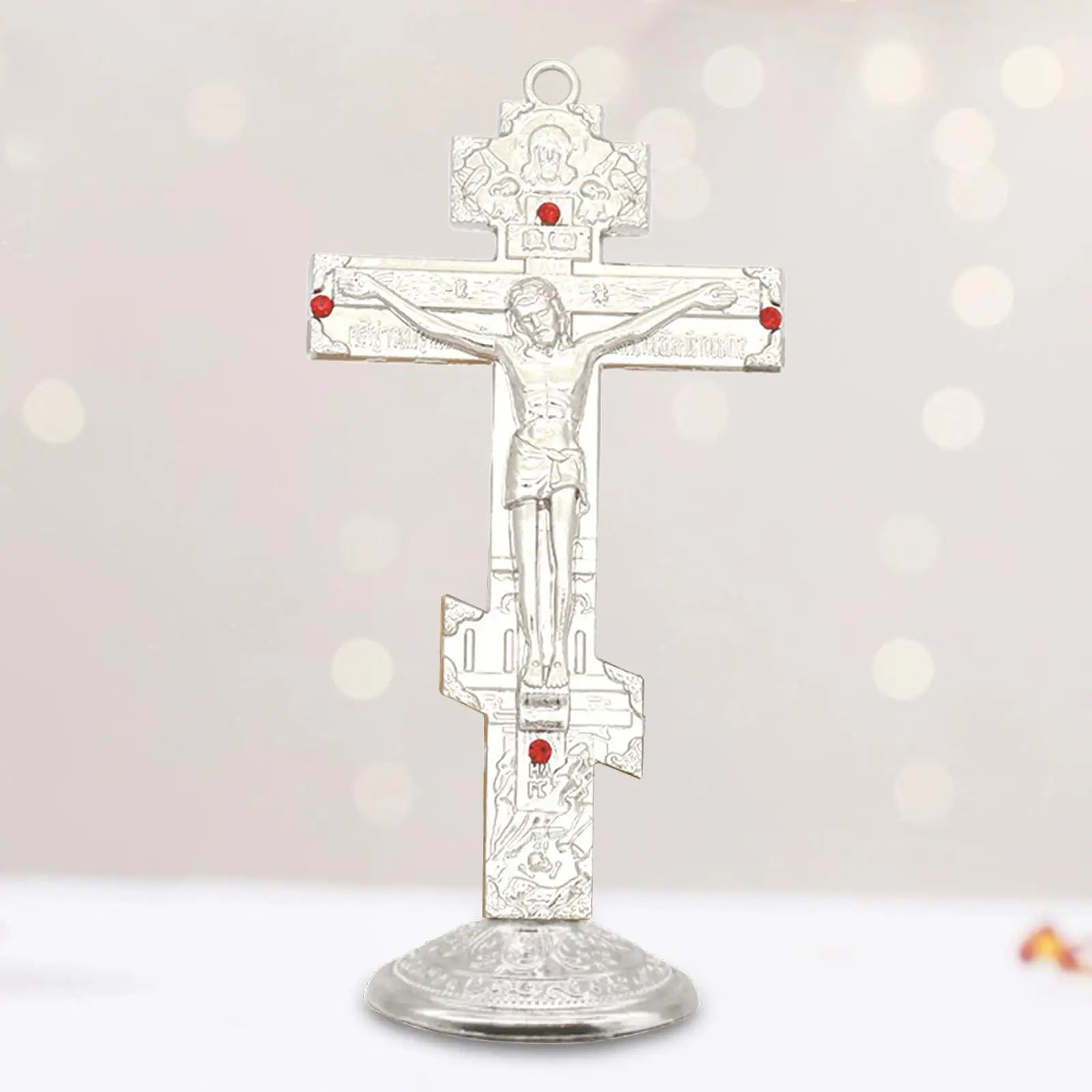 Jesus Cross for Desk Metal with Base Tabletop Ornaments Christian Home Goods Prayer Utensils Table Top Crucifix Cross Catholic