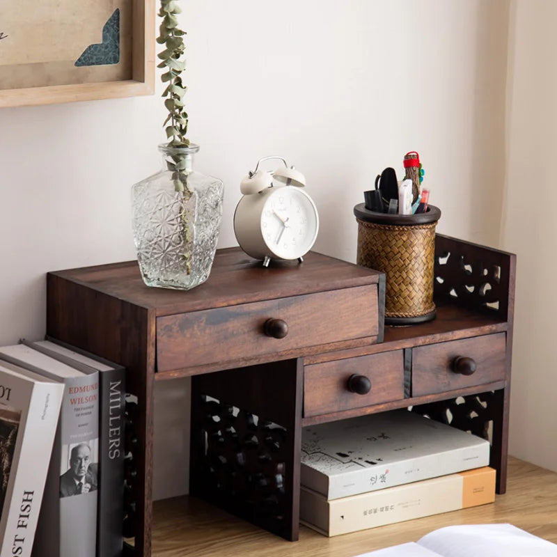 Vintage Teak Desktop Bookshelf with Drawer Handmade Hollow Carving Stable Load Bearing Storage Rack for Century-Old Furniture