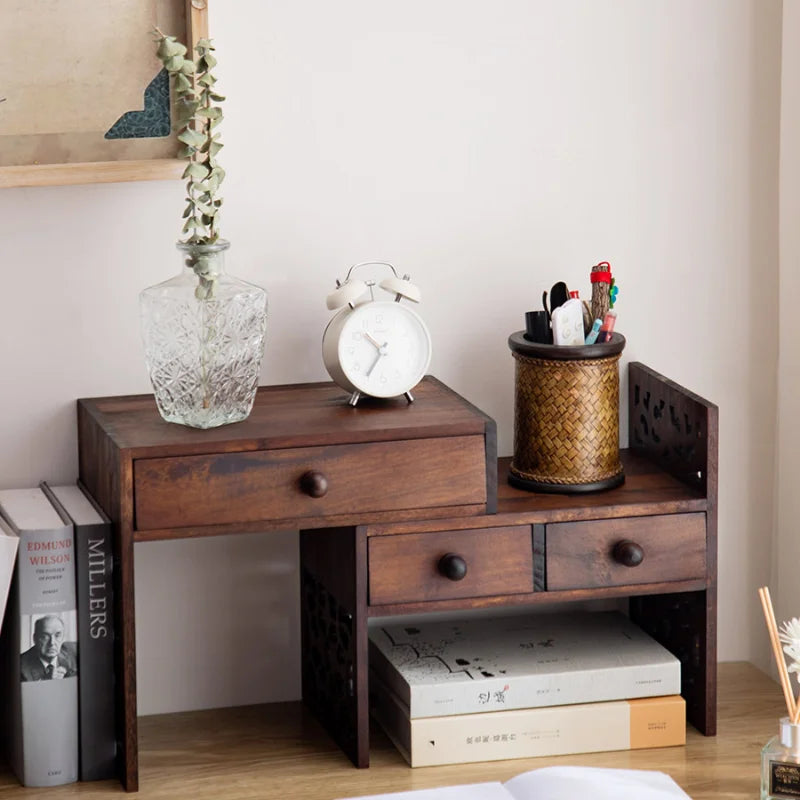 Vintage Teak Desktop Bookshelf with Drawer Handmade Hollow Carving Stable Load Bearing Storage Rack for Century-Old Furniture