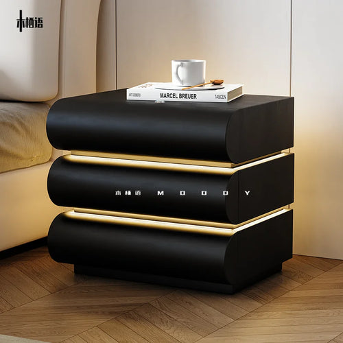 360 ° Rotating Bedside Table Smart Leather Bedside Cabinet with Light Modern Room Storage Cabinet Hierarchical Storage Furniture